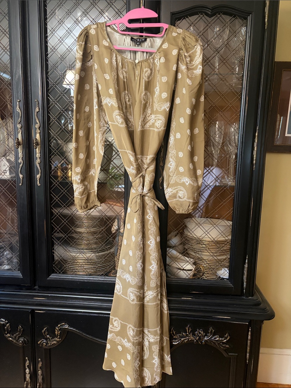 J Crew Boho Tie-Waist Long Sleeve Dress in Olive with Paisley Print